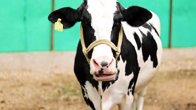 Head from black white cow in front of blue sky