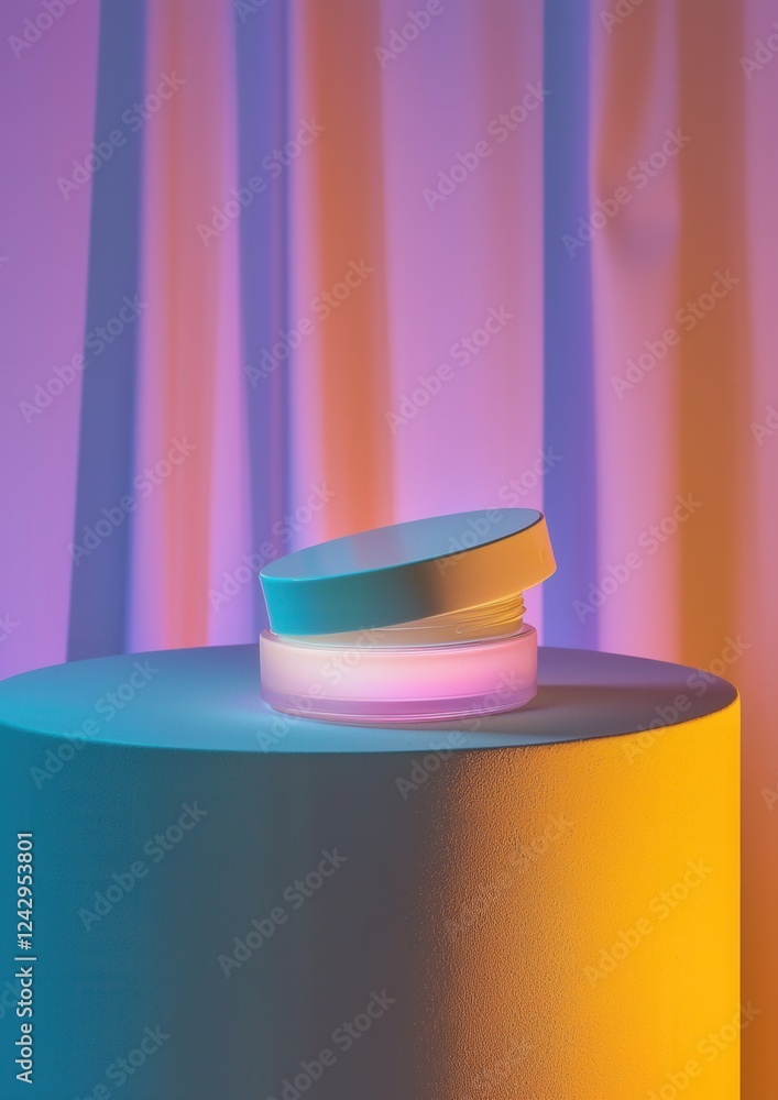 Poster 3d rendering of a round, cylindrical object with a lid on top. the object is placed on a blue surfac