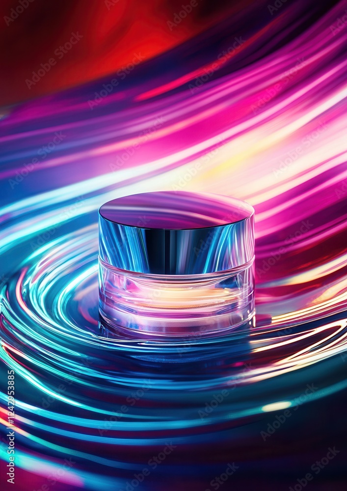 Poster abstract digital art piece with a round glass jar in the center. the jar is placed on a surface with