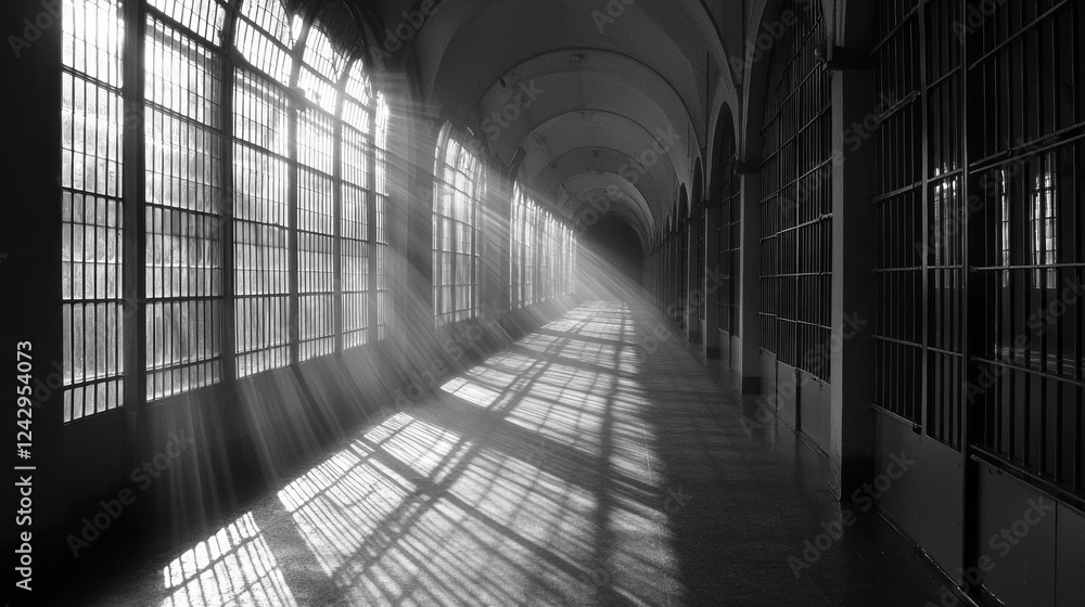 Aufkleber Sunlight filters through barred windows, casting intricate patterns onto a deserted corridor of a historic prison. The atmosphere feels both eerie and beautiful, rich with stories of the past