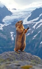 Photo of a marmot standing on its hind legs, enjoying the view in the alpine environment of Baranof Mountains. 