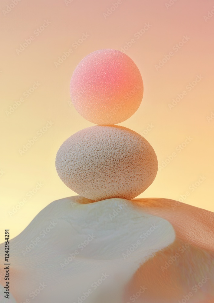 Poster two spheres stacked on top of each other on a white surface. the spheres are spherical in shape and 