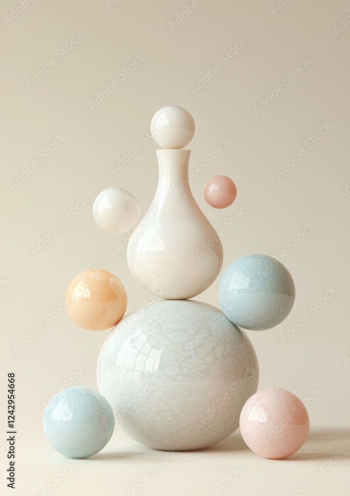 Poster 3d rendering of a white vase with a unique design. the vase is placed on top of a large, round, whit