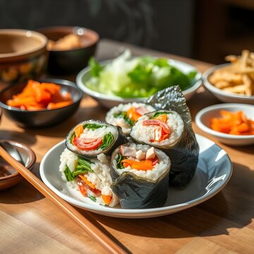 Gimbap

Descripci&oacute;n: Se trata de un alimento sencillo que se elabora envolviendo arroz y diversos ingredientes (r&aacute;banos encurtidos, espinacas, huevos, jam&oacute;n, etc.) en algas. Es a&uacute;n m&aacute;s delicioso cuand