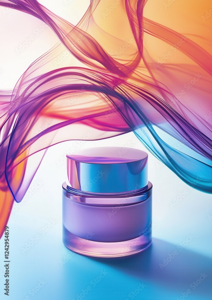 Poster digital illustration of a round jar with a lid. the jar is placed on a blue surface and is surrounde