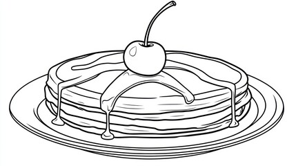Pancakes with cherry and syrup, breakfast plate, food illustration, coloring book
