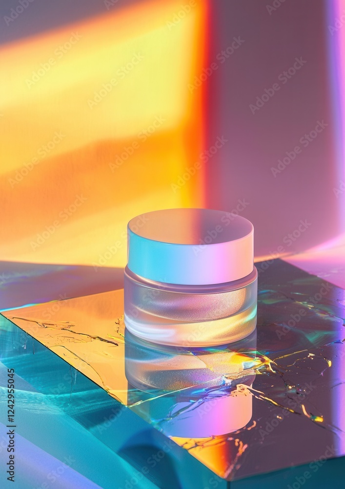 Aufkleber close-up of a small jar of cream or lotion on a reflective surface. the jar is round and has a white