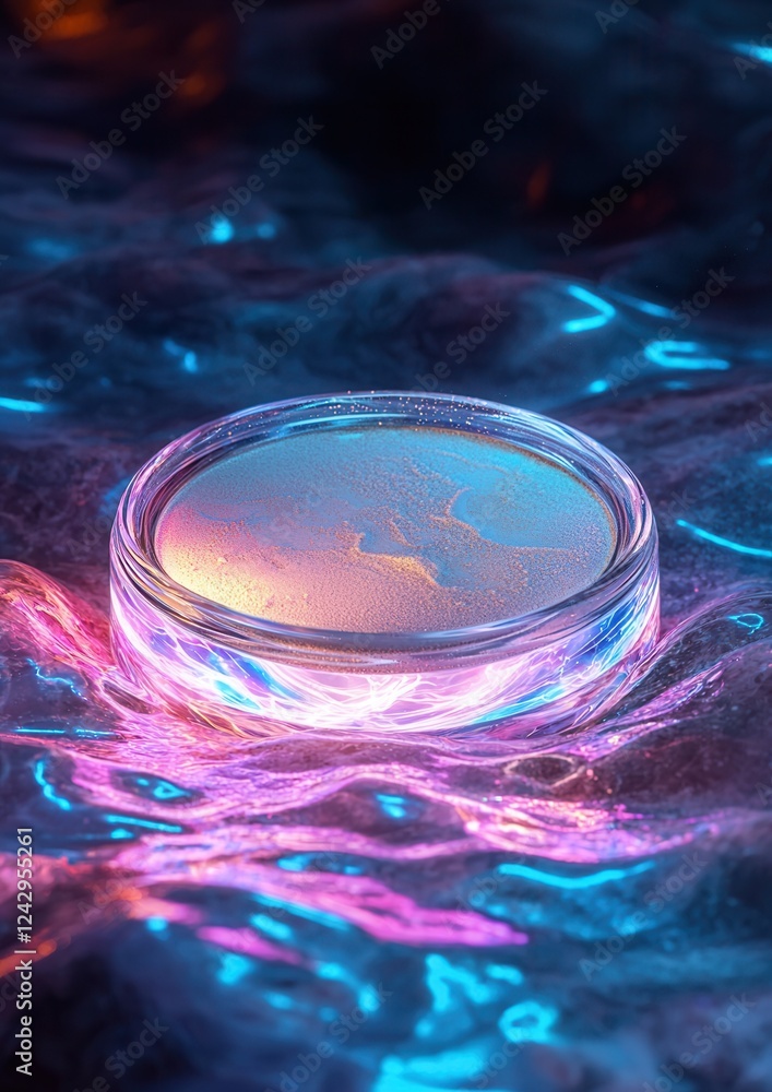 Poster close-up of a small round glass jar with a lid. the jar is placed on a dark, textured surface with a