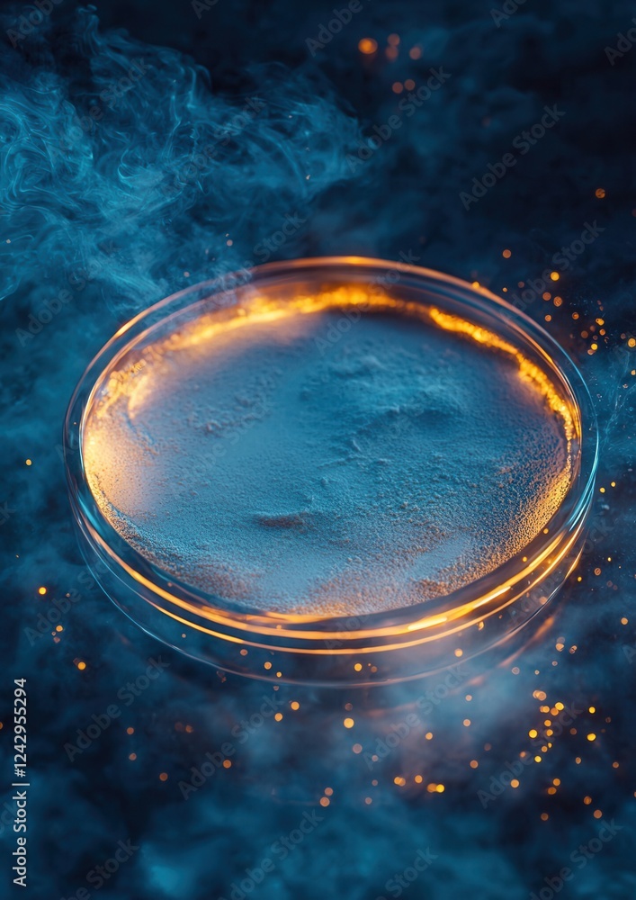 Poster close-up of a petri dish with a blue and orange glow emanating from it. the dish is circular in shap