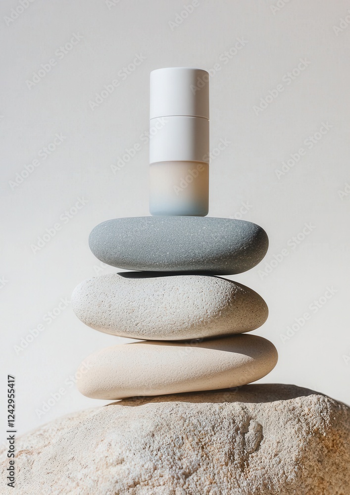 Poster stack of five pebbles arranged in a pyramid-like structure on top of a large rock. the stones are of