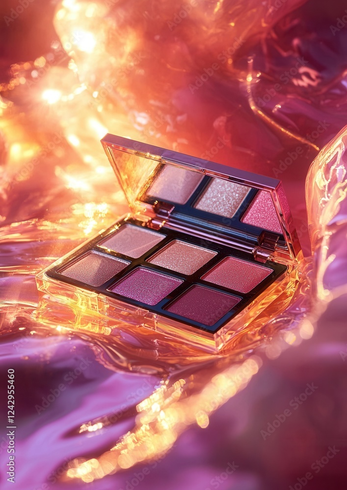 Poster close-up of an eyeshadow palette. the palette is rectangular in shape and has a gold-colored lid. th