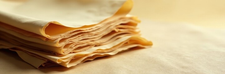Stack of antique parchment sheets, subtle yellowing, crisp edges, pile, photo, brown