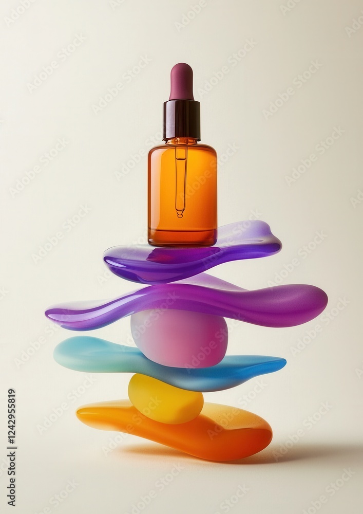 Poster small orange glass dropper bottle with a purple dropper cap. the bottle is placed on top of a stack 