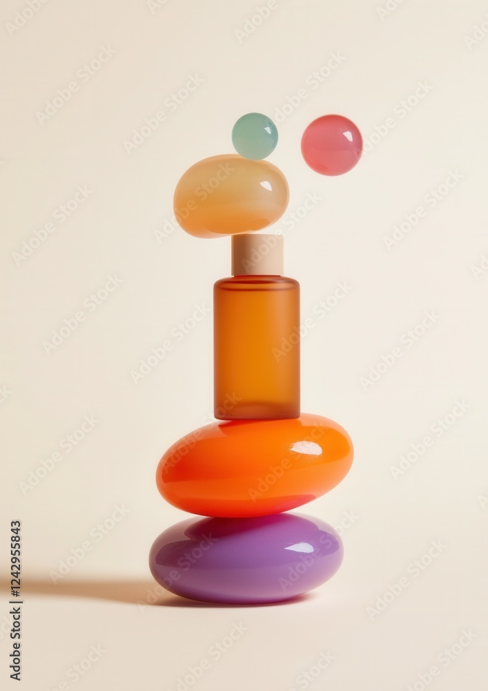 Poster 3d rendering of a perfume bottle with three spheres on top of it. the bottle is orange in color and 
