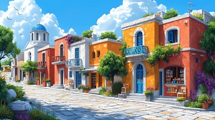 Fototapeta premium Sunny Mediterranean village street scene, tourism poster