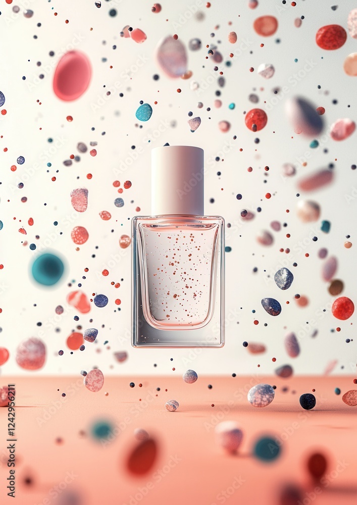 Poster digital illustration of a perfume bottle with a white cap. the bottle is in the center of the image 