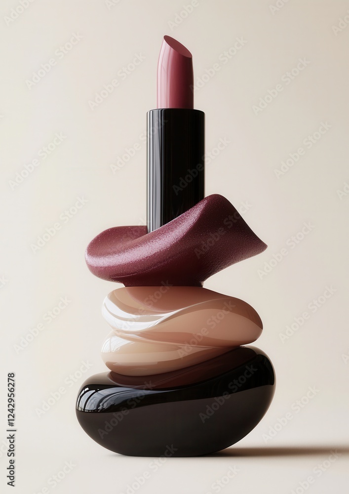 Poster 3d rendering of a lipstick. the lipstick is placed on top of a black base with a curved shape.