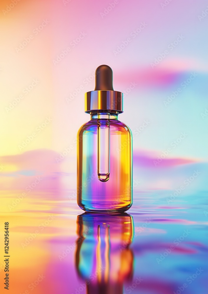 Poster digital illustration of a small glass dropper bottle with a dropper cap. the bottle is placed on a r