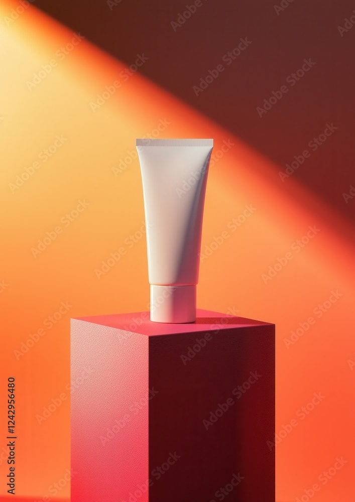 Poster white tube of cream or lotion placed on top of a red cube. the cube is square in shape and has a smo