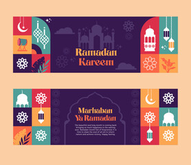 ramadan landscape banner set pattern and silhouette flat  illustration
