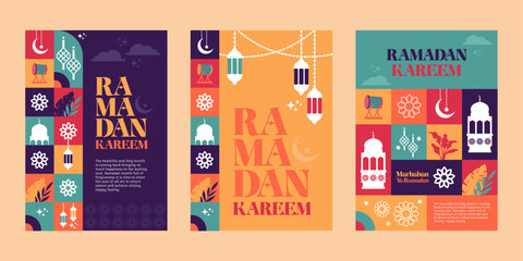 ramadan poster set pattern and silhouette colorful illustration