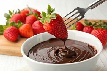 fresh strawberry dipped in melted chocolate. Sweet dessert indulgence