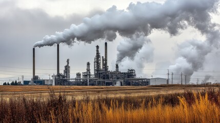Fototapeta premium A large industrial factory with metal pipes, smokestacks, and steel structures, set against a cloudy sky, emphasizing machinery and production