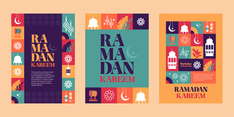 ramadan three poster set pattern and silhouette colorful illustration