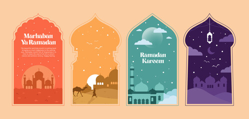 ramadan arch and silhouette colorful flat vektor illustration
