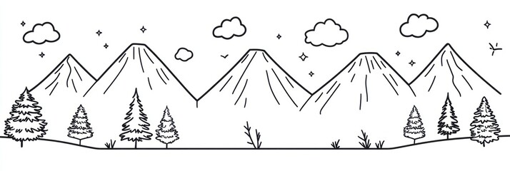 A Simple Line Drawing of Mountains and Trees