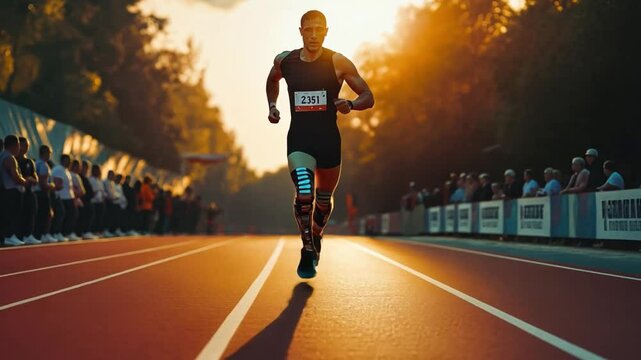 A determined athlete with a prosthetic leg sprinting on a track, showcasing strength, speed, and resilience in sports.