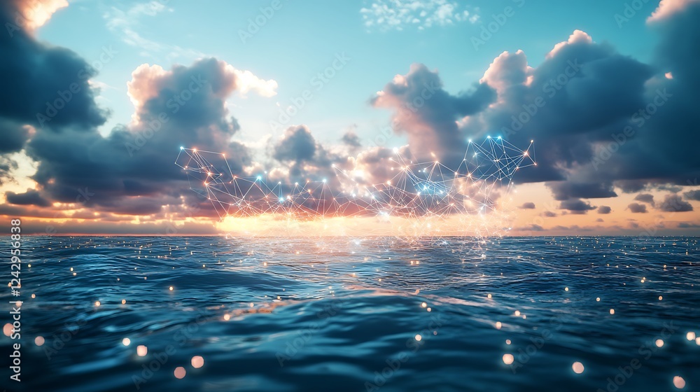Poster an expansive ocean horizon with digital data clouds and luminous connections emerging from beneath t