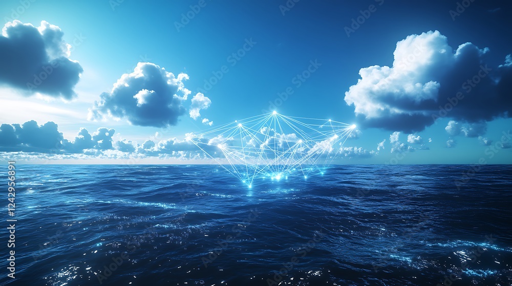 Poster an expansive ocean horizon with digital data clouds and luminous connections emerging from beneath t