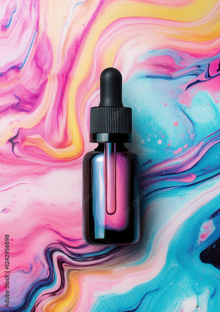 Poster close-up of a dropper bottle with a black cap. the bottle is placed on a colorful abstract backgroun
