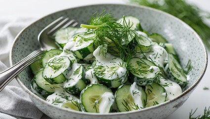 Obraz premium Refreshing cucumber salad with creamy yogurt and dill in a rustic bowl