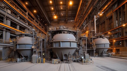 Fototapeta premium A steel plant with large metal tanks and smelting equipment under bright lighting.
