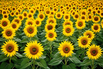 Obraz premium Vibrant sunflower field in full bloom under clear sky