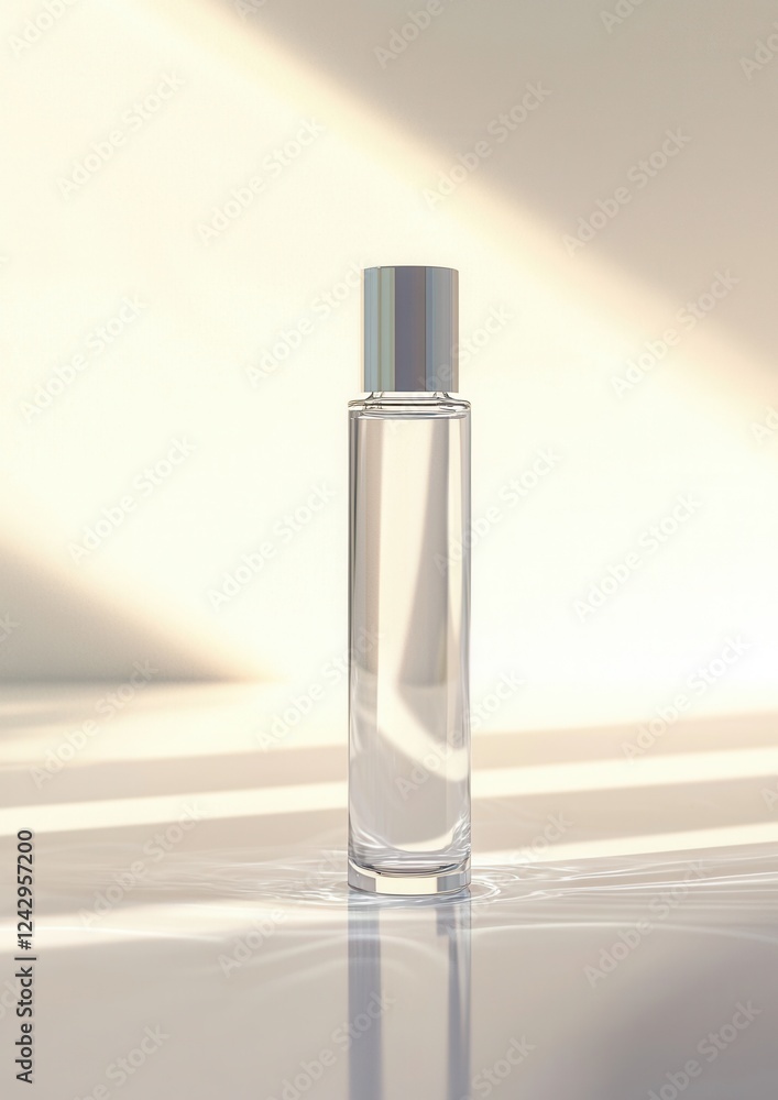 Poster small glass bottle with a silver cap. the bottle is empty and is placed on a reflective surface. the