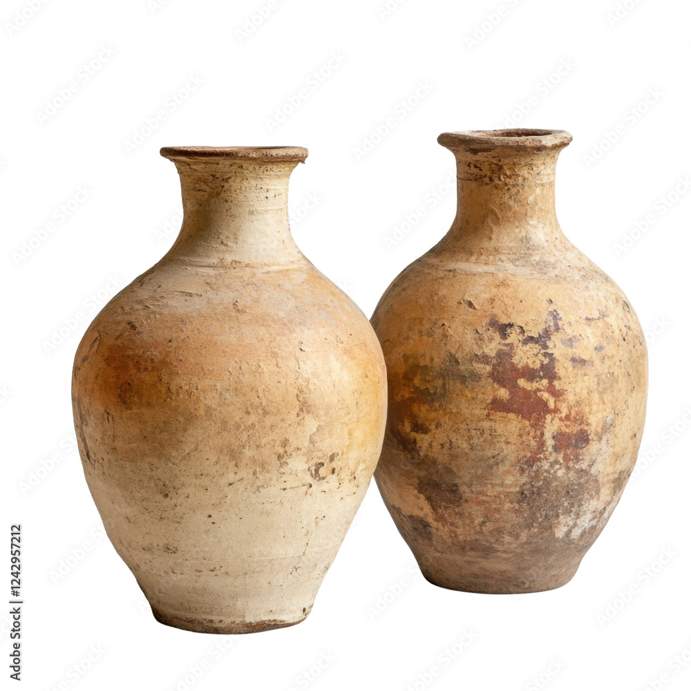 Poster two antique clay pots with rustic texture and unique patterns