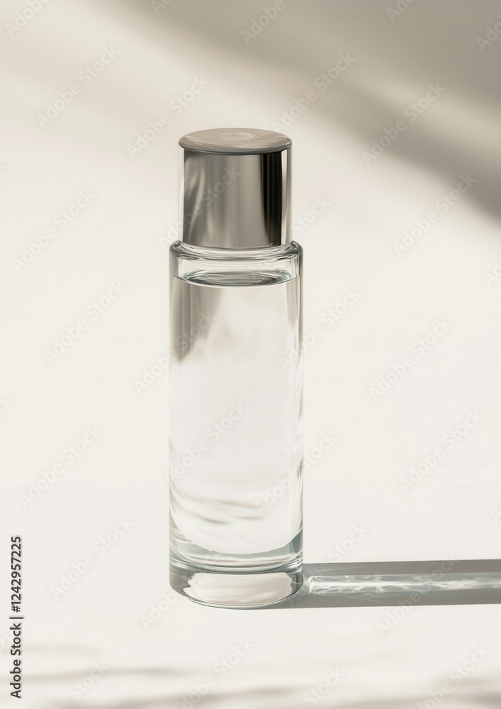 Poster 3d rendering of a glass perfume bottle with a silver cap. the bottle is empty and is placed on a whi