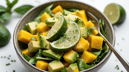 Colorful mango and avocado salad garnished with lime and herbs.
