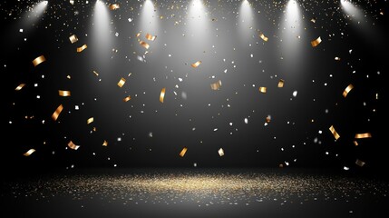 Metallic gold and silver confetti raining down on a black background, illuminated by soft spotlights, creating an elegant and festive atmospher