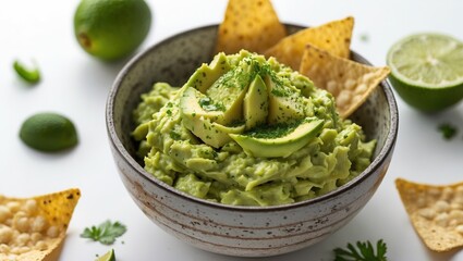 Obraz premium Creamy guacamole with avocado and lime on a vibrant background.