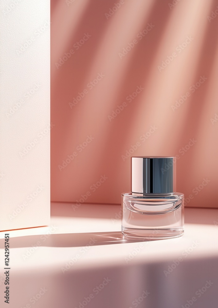 Poster small glass jar with a silver lid on a white surface. the jar is placed in front of a pink wall with