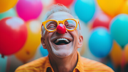 Humorous Day, Photo of a man wearing funny glasses and a fake nose while laughing out loud, bright color background with colorful balloons, Ai generated images