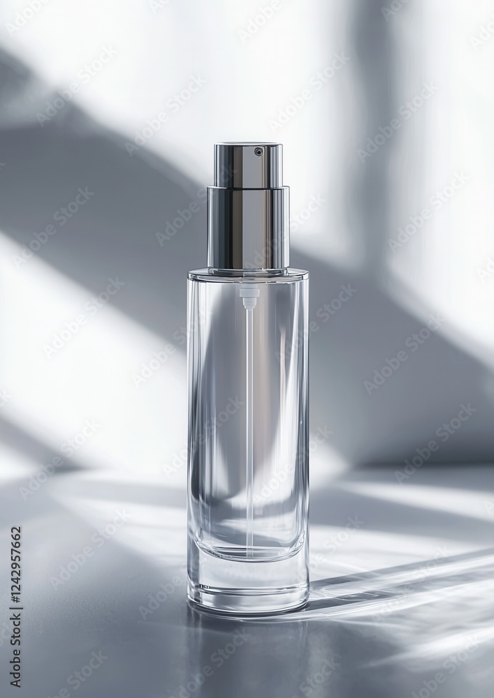 Poster Close-up of a glass perfume bottle with a silver cap. the bottle is empty and is placed on a reflective surface. the background is blurred, but it appears to be a room with a window and a plant.