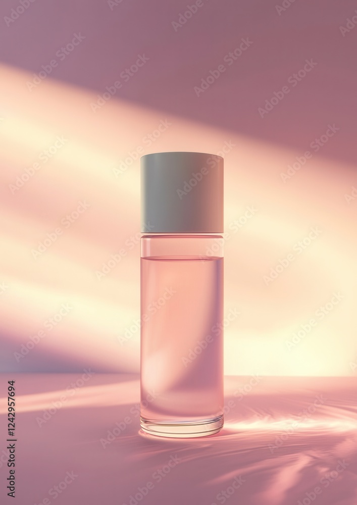 Poster 3d rendering of a glass bottle with a white cap. the bottle is placed on a pink and orange gradient 