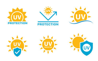 UV protection icon set. UV radiation icon. Ultraviolet symbol. Sun uv protection icons. Vector pictogram of sunscreen spf. Skincare illustration, sign for cosmetics packaging