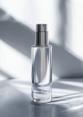 Naklejka premium Close-up of a glass perfume bottle with a silver cap. the bottle is empty and is placed on a reflective surface. the background is blurred, but it appears to be a room with a window and a plant.