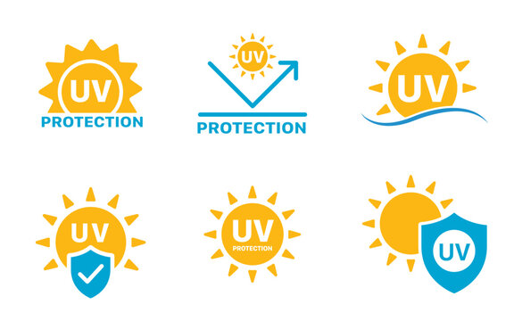 UV protection icon set. UV radiation icon. Ultraviolet symbol. Sun uv protection icons. Vector pictogram of sunscreen spf. Skincare illustration, sign for cosmetics packaging